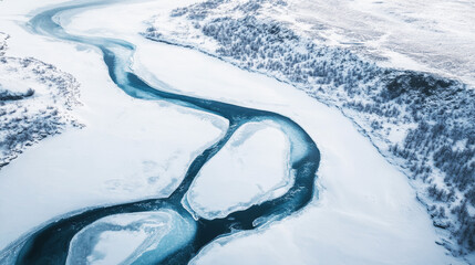 Wall Mural - frozen river winding through a snowy landscape with patches of ice and trees on the riverbanks, view