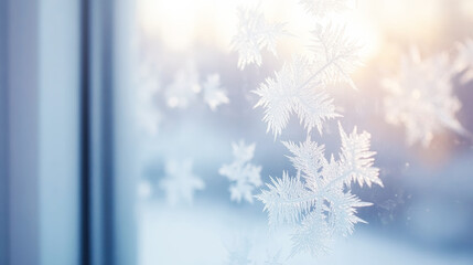 Wall Mural - Frosty snowflakes on a window with soft sunlight create a peaceful winter scene filled with delicate details and warmth