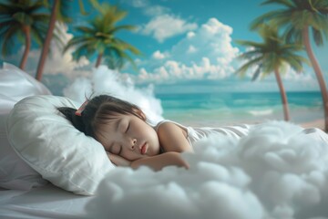 Wall Mural - Child appears state of comfort showcasing peace and relaxation. Serene moment encapsulated warmth of tender innocent slumber. Image symbolizes pure innocence and serenity of childhood.