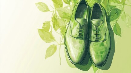 Wall Mural - Green leather oxfords with green leaves on a white background.