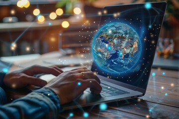 Poster - A personâ€™s hands are typing on a laptop, while a globe graphic hovers above the screen, symbolizing global connectivity in a warm, inviting workspace at night.