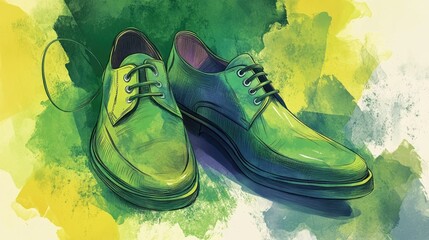 Wall Mural - A pair of green leather shoes with laces on a watercolor background.