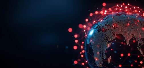 Wall Mural - A vibrant digital globe illuminated by red connections, symbolizing global communication and technology in a dark background.