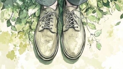 Wall Mural - A pair of beige lace-up shoes stand on a white surface surrounded by green leaves.