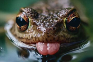 Macro shot of a frog with colorful eyes, tongue out, close-up view, detailed texture, natural habitat, amphibian photography concept