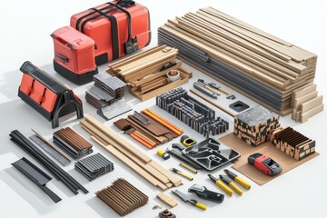 Collection of construction tools and materials isolated on white background in 3d illustration