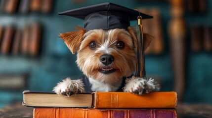 Cute dog wearing graduation cap with books, education concept