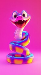 Wall Mural - Playful cartoon snake smiling and posing on pink background