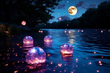 Wall Mural - Magical Moonlit River visualized in a tranquil scene, showcasing a glowing river under the light of a full moon, with shimmering reflections and floating magical orbs