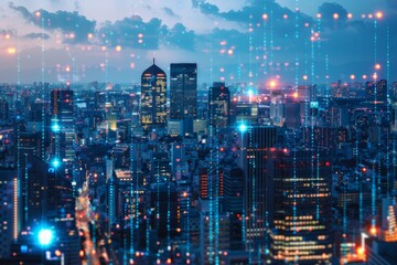 Poster - The city skyline gleams as night falls, highlighted by modern skyscrapers and a digital overlay representing the intersection of urban life and technology.