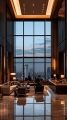 Wall Mural - Modern luxury hotel lobby with large windows overlooking city skyline.