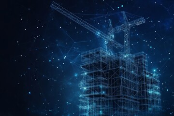 Polygonal wireframe building under construction with crane against a dark blue starry night sky
