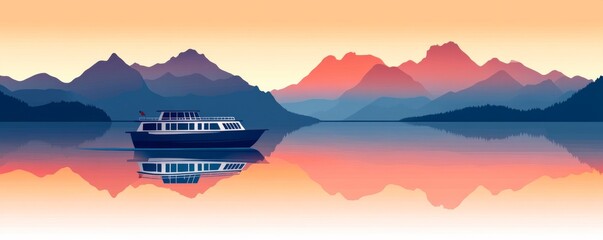 Wall Mural - Passenger ferry boat sailing on a lake at sunset with mountains in the background