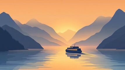 Wall Mural - Passenger ferry boat sailing on lake surrounded by mountains at sunset