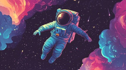 Wall Mural - Astronaut floating in space with colorful clouds.