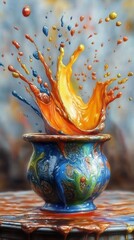 Wall Mural - Colorful paint splashing out of a ceramic pot