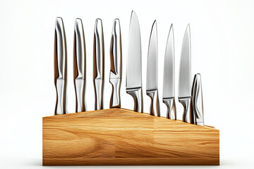 A set of stainless steel kitchen knives arranged on a wooden block, placed on a white background, sharp and detailed product image.