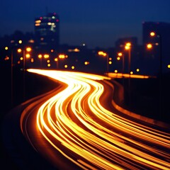 Long exposure of a city road at night, showcasing flowing light trails from moving vehicles against a backdrop of illuminated buildings.