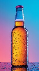 Canvas Print - Glass bottle of beer covered with condensation on neon background