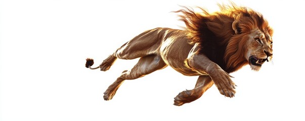 powerful male lion leaping with flowing mane