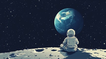 Wall Mural - A lone astronaut sits on the moon looking at the earth in the distance.