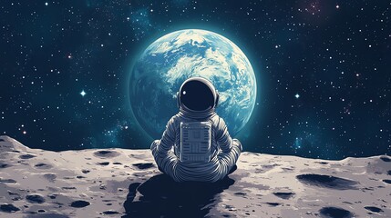 Wall Mural - An astronaut sits on the moon looking at Earth.