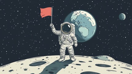 an astronaut in a retro style illustration plants a flag on the moon.