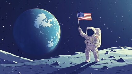 Wall Mural - An astronaut stands on the moon holding an American flag with Earth in the background.