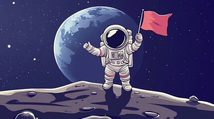 Wall Mural - An astronaut stands on the moon, holding a red flag and smiling with Earth in the background.