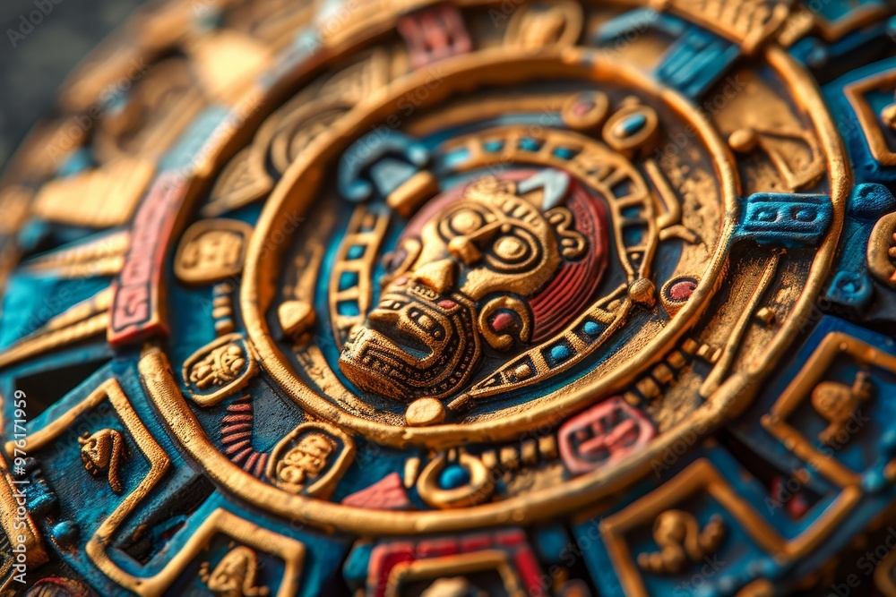 This captivating Aztec calendar features complex engravings and vibrant ...