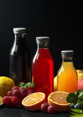 Wall Mural - Three glass bottles filled with colorful juices and fresh fruits on a black background.