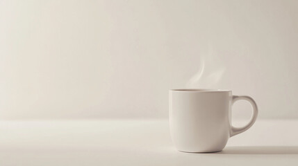  Freshly brewed cup of coffee in a white mug, steam rising from the cup, clean white background with natural light, simple and inviting.