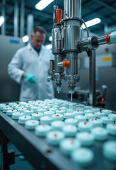 Wall Mural - automated pharmaceutical production: closeup of machine dispensing pills into containers