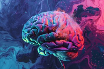 A uniquely colorful human brain is presented in a vivid abstract setting, illustrating the intersection of art and science through creative digital practices.