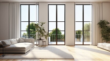 Wall Mural - Large luxury modern bright interiors with huge windows, living room mockup.