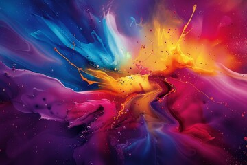 Poster - This artwork showcases a mesmerizing blend of vibrant colors, including blue, orange, and purple, forming fluid shapes and dynamic splashes that create an engaging visual experience.