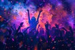 © Tanu - A lively crowd fills the space as confetti bursts through the air, celebrating in joyous unity during a nighttime music festival, illuminated by colorful lights.