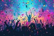 © Tanu - A lively audience raises their hands with excitement as colorful confetti falls around them during a dynamic music concert at night, creating an electrifying atmosphere.
