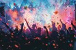 © Tanu - A lively crowd enjoys a music festival filled with energetic performances as colorful confetti rains down, creating a festive atmosphere under evening lights.