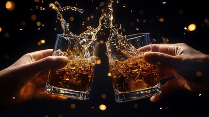 Two hands clinking glasses of whiskey with a splash and bokeh lights in the background.