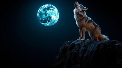 Wall Mural - A lone wolf standing on a cliff, howling at the moon, watercolor style with soft tones evoking independence and solitude.