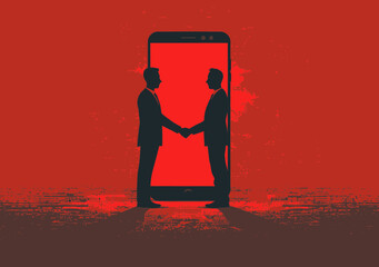 Poster - Businessmen Shaking Hands Through Smartphone Screen, Digital Collaboration, Internet Business Partnership, Vector Illustration of Remote Work, Evening, Professional, Minimalistic Business Concept