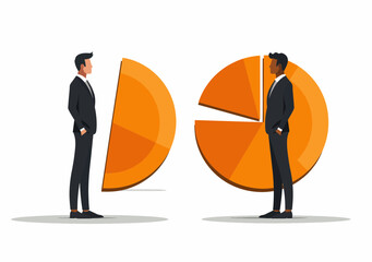 Poster - businessmen dividing market share pie chart in business conceptual minimalistic vector illustration