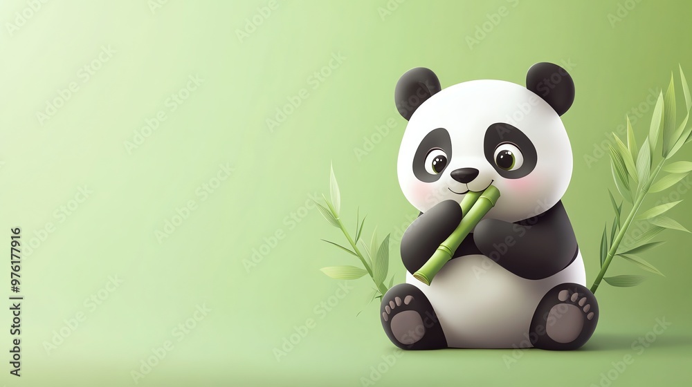 Cute cartoon panda eating bamboo on a green background. Stock ...
