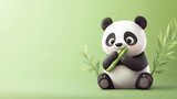 Cute cartoon panda eating bamboo on a green background.