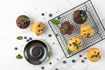 Wall Mural - Fresh baked muffins with chocolate chips, blueberry berries and mint leaves on baking rack and on white marble table background.