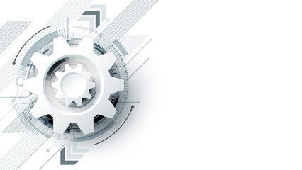 Abstract 3D gear with digital circuits and arrows on a white background. Futuristic technology concept for mechanical engineering and innovation design.