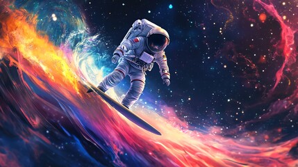 Wall Mural - An astronaut surfs on a cosmic wave in space.