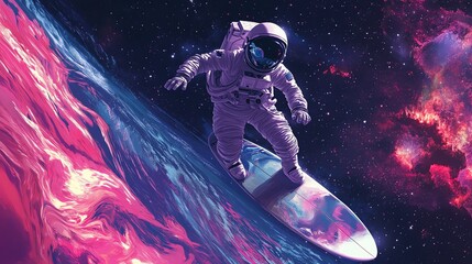 Wall Mural - Astronaut surfs on a wave of cosmic energy in a space-filled with stars.