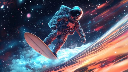 Wall Mural - Astronaut surfing on a cosmic wave.